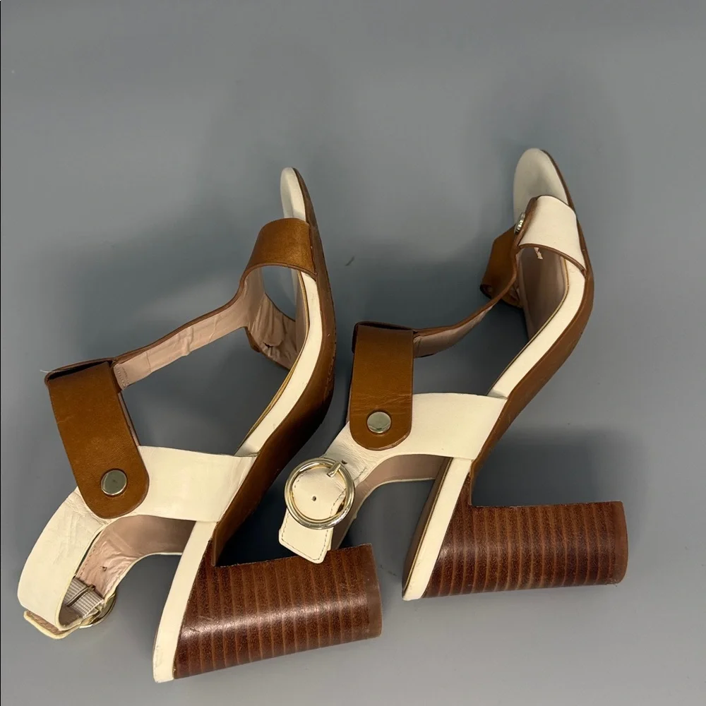 Preston & York Faye Tan Leather T-Strap‎ Block Heel Sandals - Size 6.5